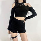 Black Long Sleeve Cut Out Shoulder Crop Top for Femboy - Femboy Fashion