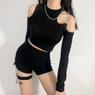 Femboy In Black Long Sleeve Cut Out Shoulder Crop Top - Femboy Fashion