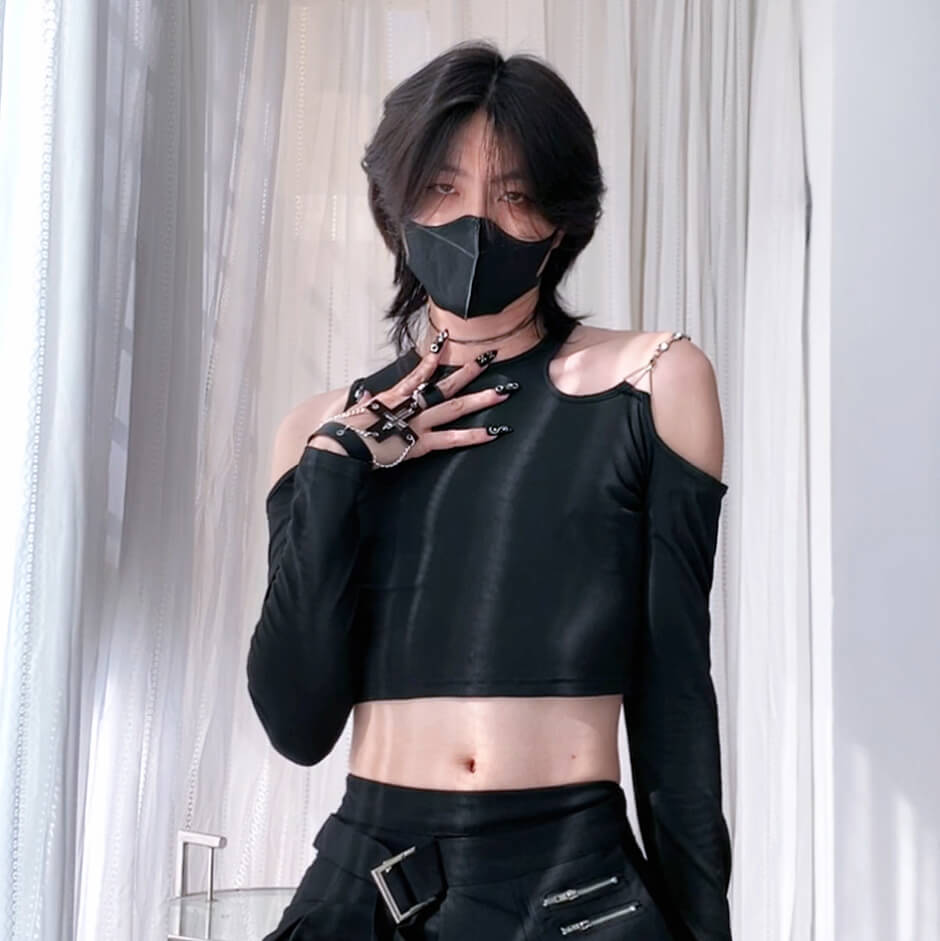 Black Long Sleeve Cut Out Shoulder Crop Top - Femboy Fashion