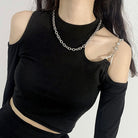 Black Long Sleeve Cut Out Shoulder Crop Top - Femboy Fashion