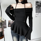 A Girl in Sweet Black  Off Shoulder Top With Long Sleeves - Femboy Fashion