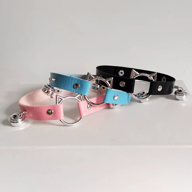 Black/Blue/Pink Leather Kitty Choker With Bells