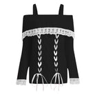 Black off-shoulder top with white lace details on a white background