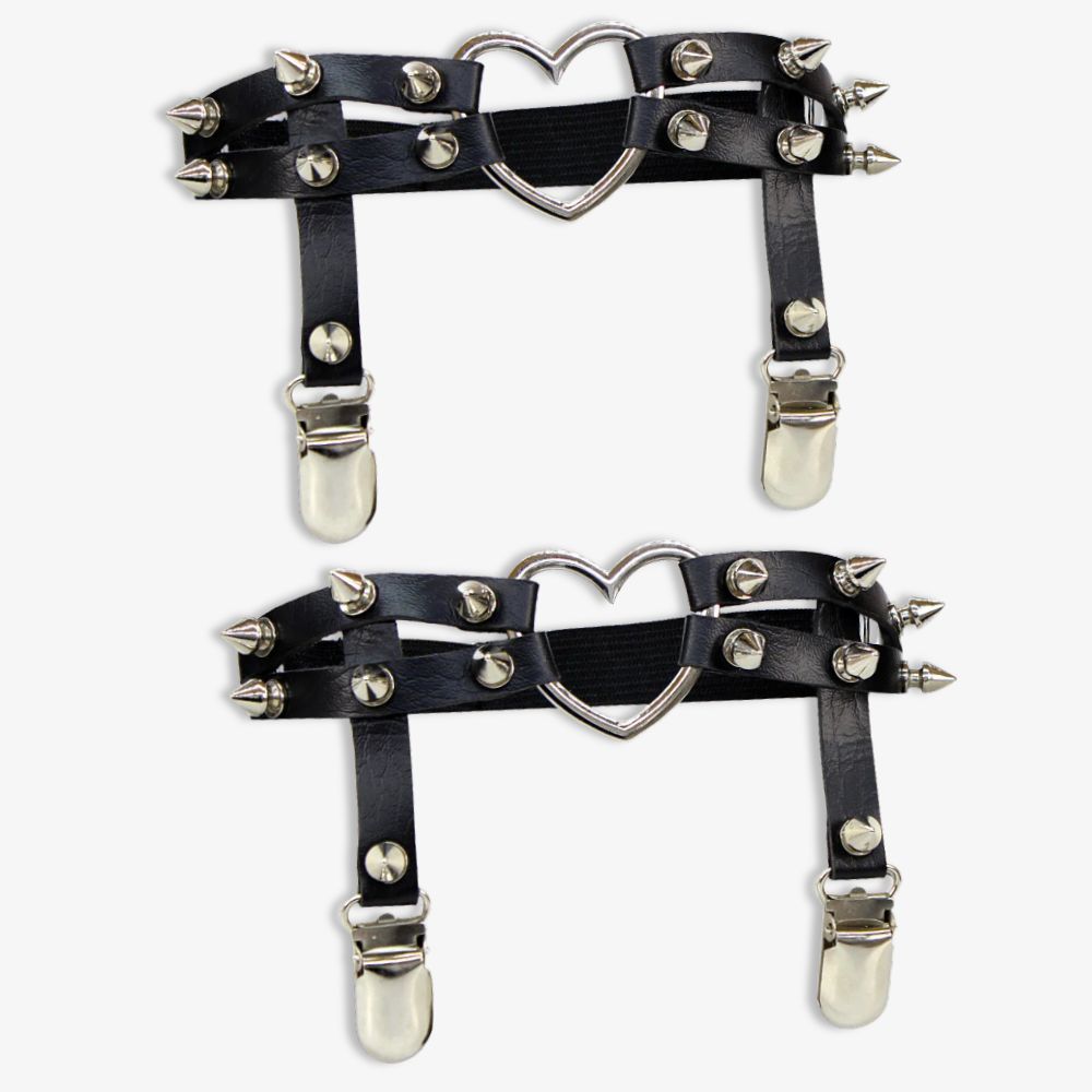 Black Punk Leather Thigh Garter With Heart - Femboy Fashion