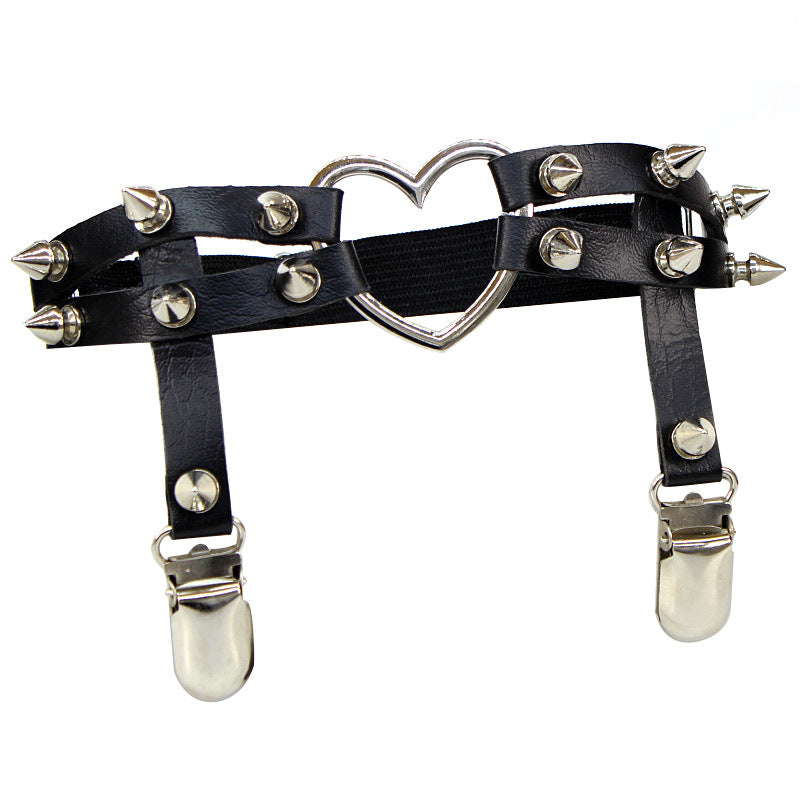 Black Punk Leather Thigh Garter With Heart - Femboy Fashion