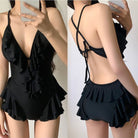 Black V Neck Swimsuit Front And Back - Femboy Fashion