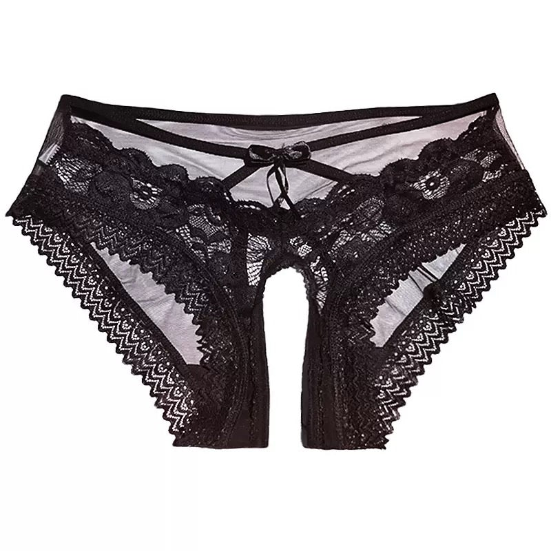 black sexy lace cutout crotchless panties front