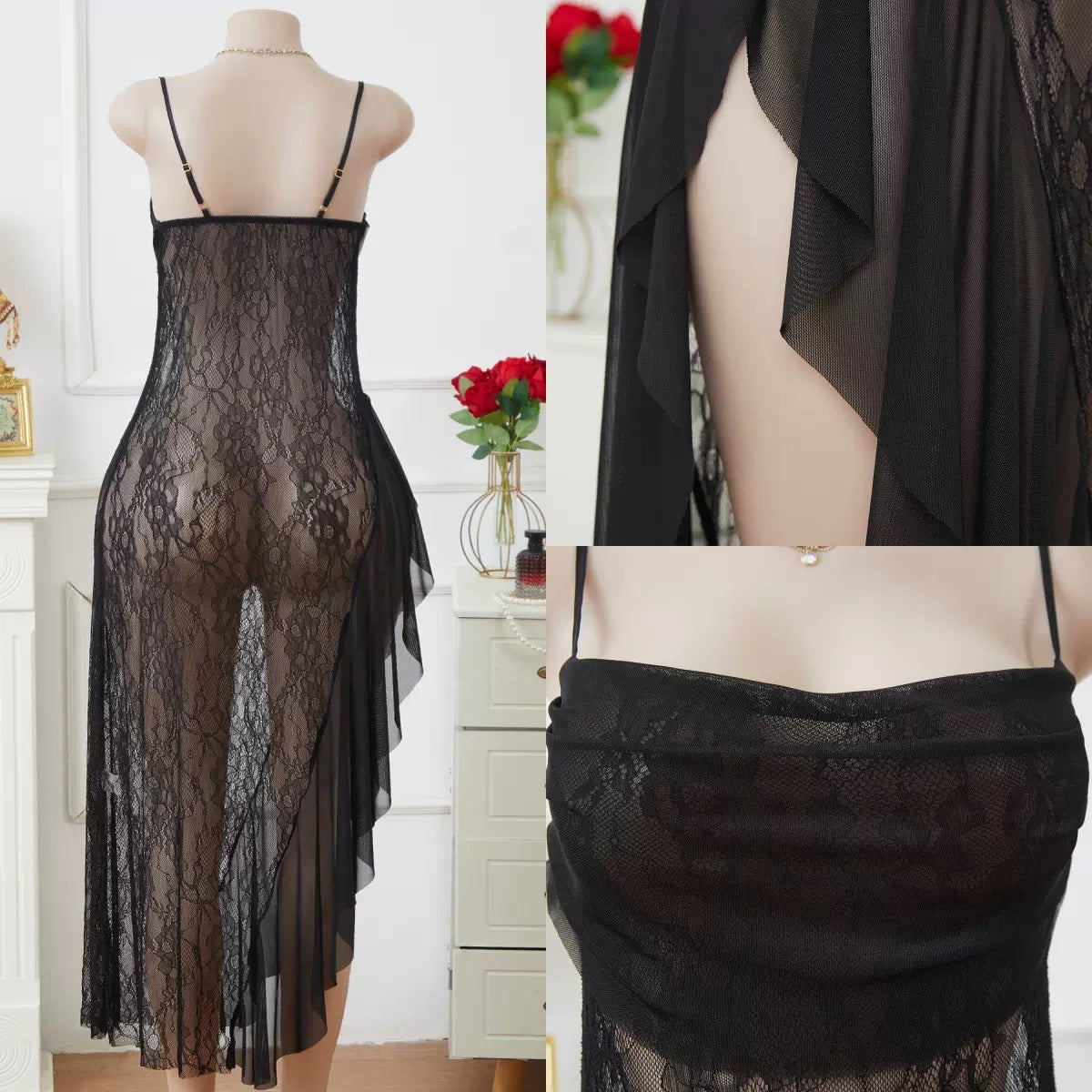Black lace dress displayed on a mannequin with close-up details.