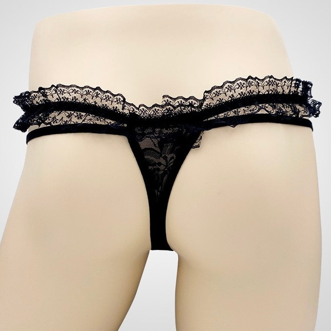 Sexy Low Rise Lace Thong Black Back - Femboy Fashion