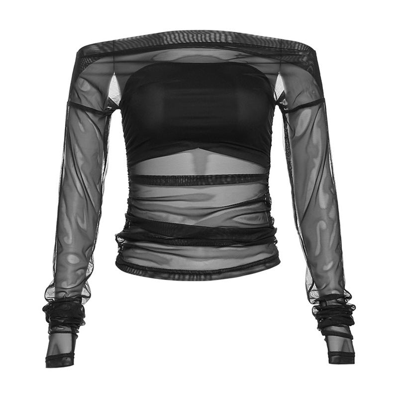 Black sexy mesh long sleeve top