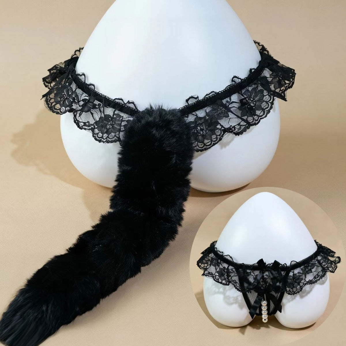 Black lace and faux fur tail accessory displayed on white mannequin busts against a beige background, with a circular inset showing a close-up of the lace and bow details.