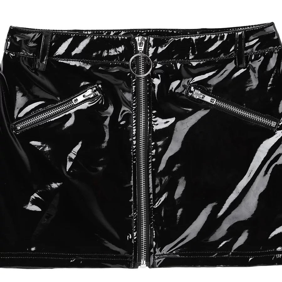 Black glossy skirt with zippers on a black background