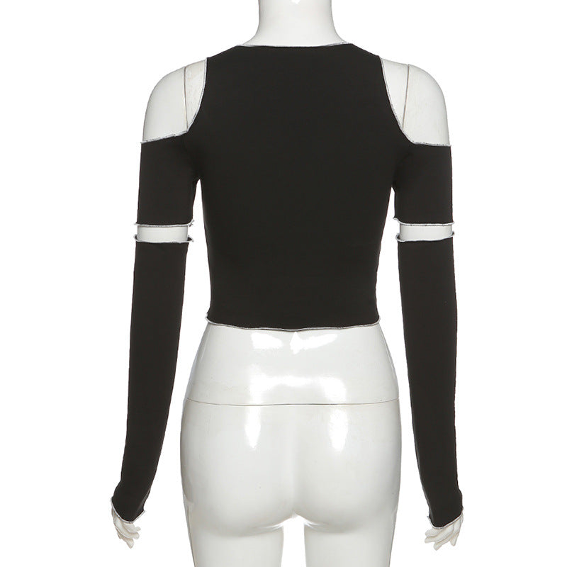 Black Shoulder Cut-Out Crop Top - Femboy Fashion