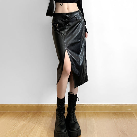 Black Side Slit Midi Leather Skirt - Femboy Fashion