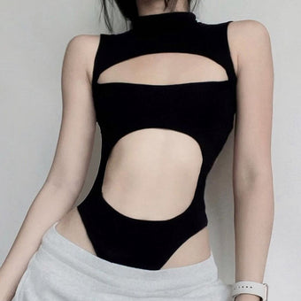 Black Sleeveless Hollow Out Femboy Bodysuit