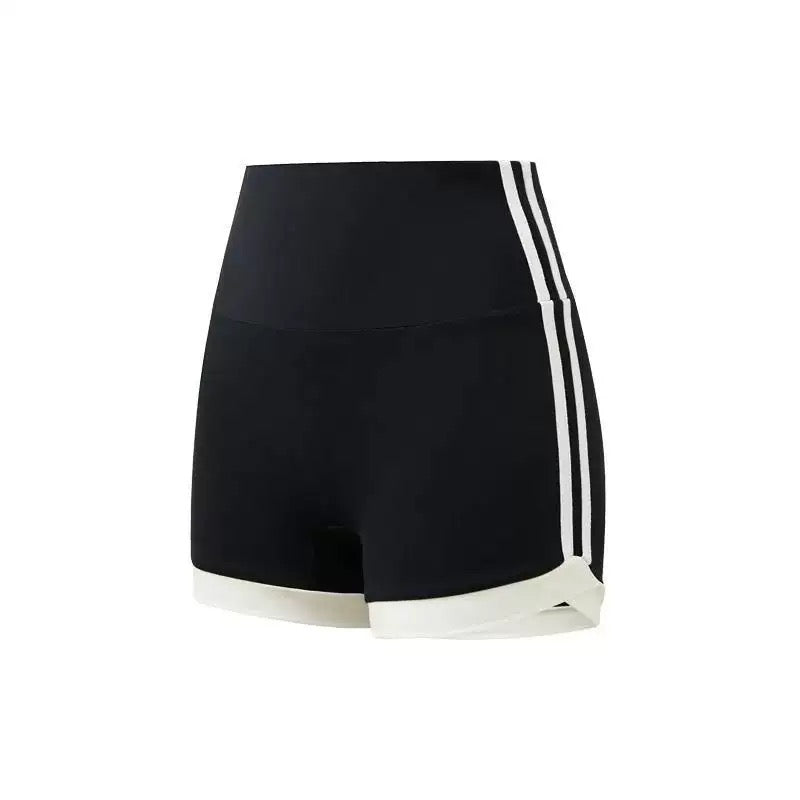 Black athletic shorts with a high waistband, featuring three white stripes down the side and a white hem, shown against a plain white background.