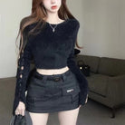 Black solid cropped crew neck sweater