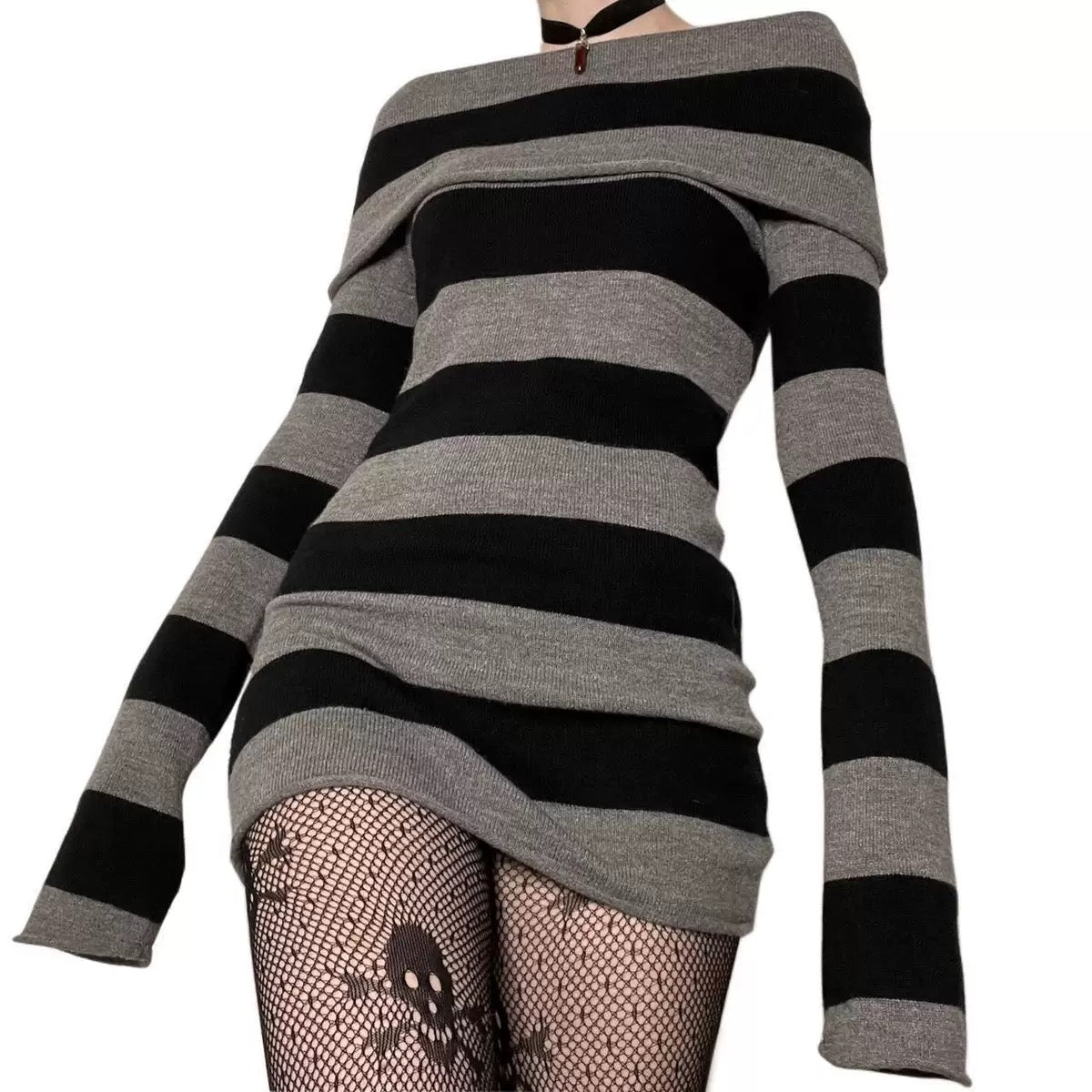 Black and gray striped dress with long sleeves on a white background