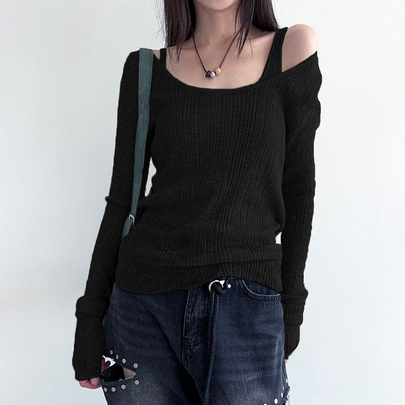 Black solid knitting long sleeve two piece set top