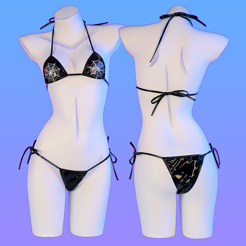 Spider Web Print Leather Bikini - Femboy Fashion