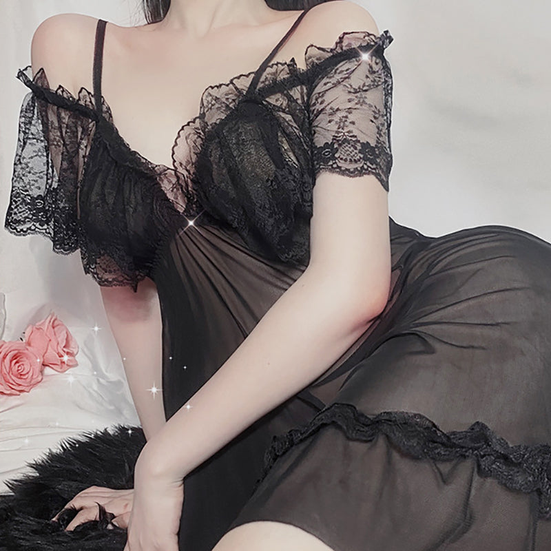 Black V-Neck Lace Chemises Lingerie - Femboy Fashion