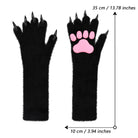 Black paw-shaped gloves with 3d pink paw and measurements on a white background
