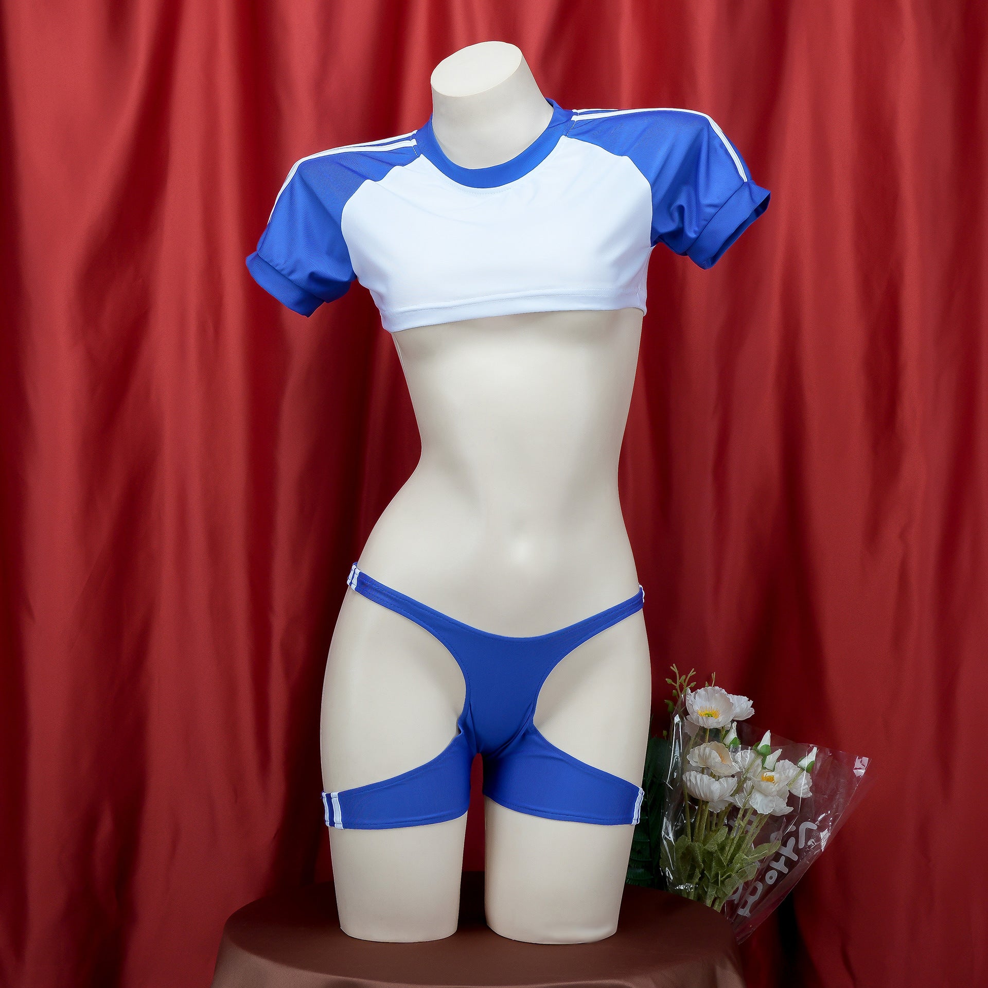 Blue And White Crop Top Lingerie Set - Femboy Fashion