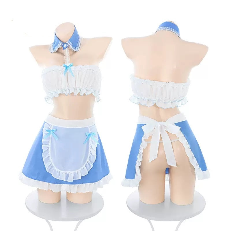 Blue And White Maid Dress Lingerie Front And Back - Femboy Fashion