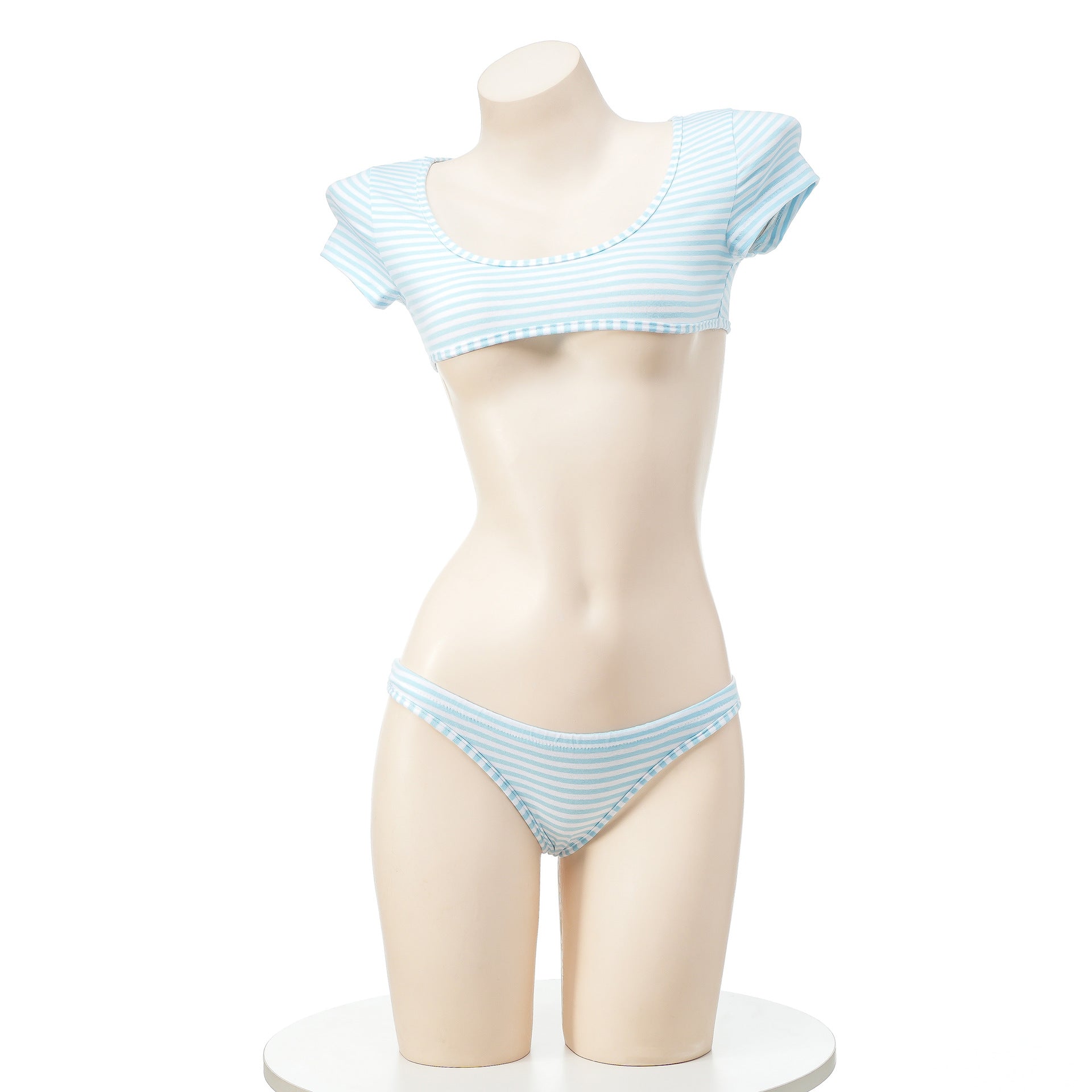 Blue and White Stripe Crop Top Lingerie Set - Femboy Fashion