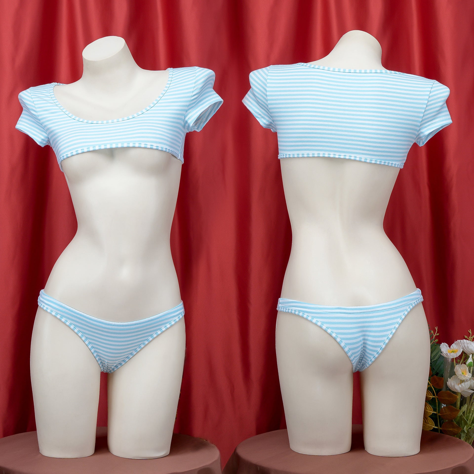 Blue and White Stripe Crop Top Lingerie Set - Femboy Fashion