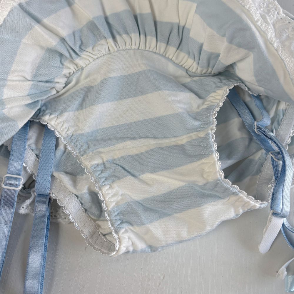 Blue and white striped pastel striped skirted panties with garter