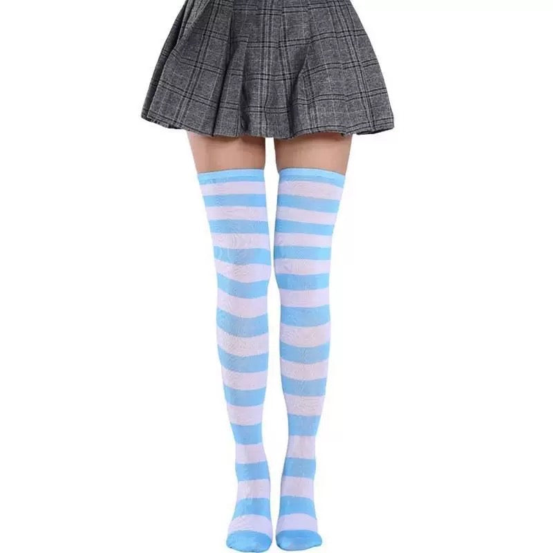 Blue And White Striped Thigh High Socks For Femboy