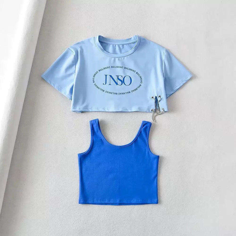 Blue fashion tank top with crop top set