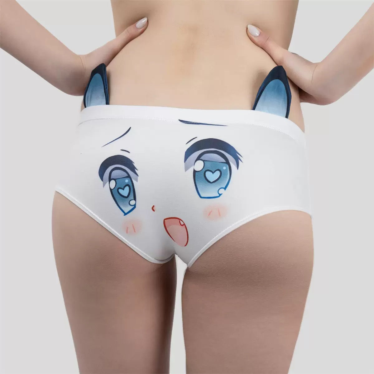 White underwear with cartoon face design on a plain background