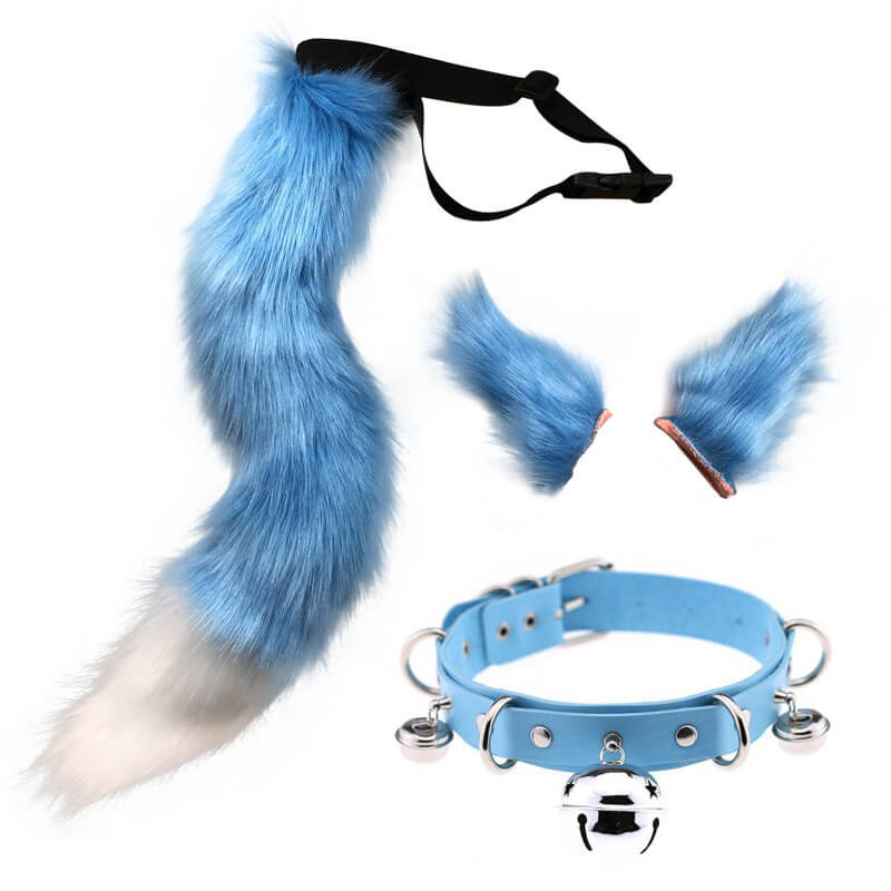 Blue Fox Ears Clips And Tail With Collar Set - Femboy Fashion