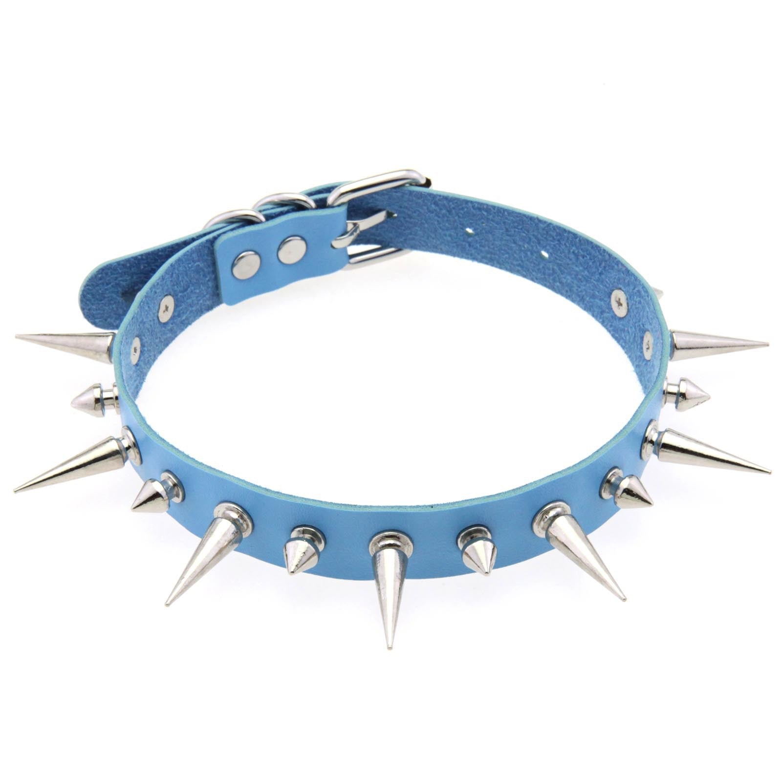 Blue leather choker with silver spikes on a white background