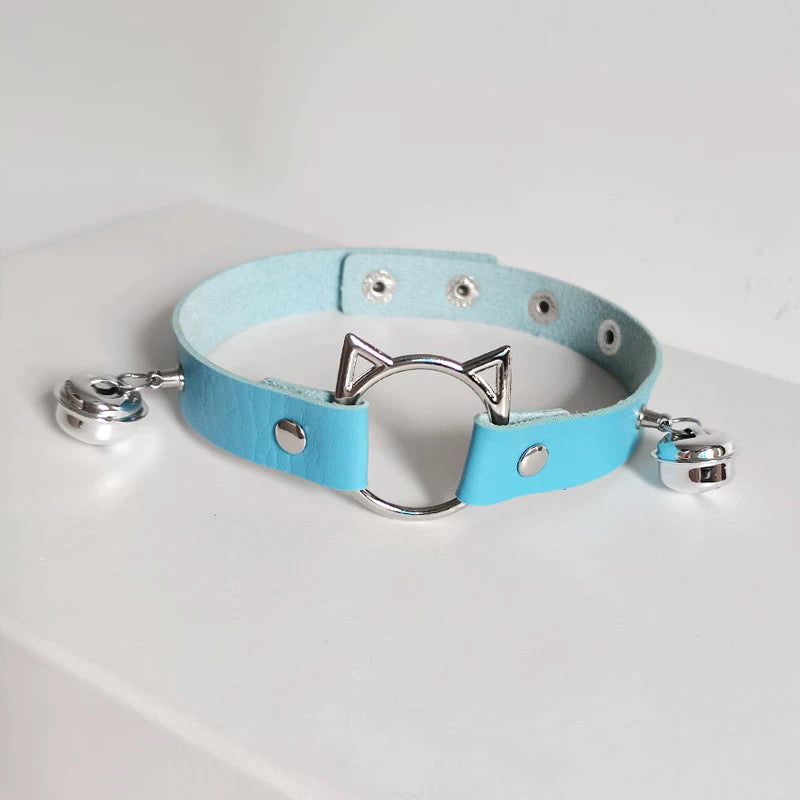 Blue Leather Kitty Choker With Bells