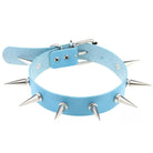 Blue leather choker with silver spikes on a white background