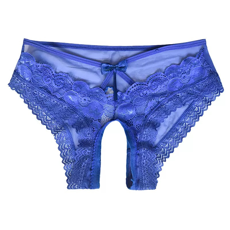 Blue sexy lace cutout crotchless panty