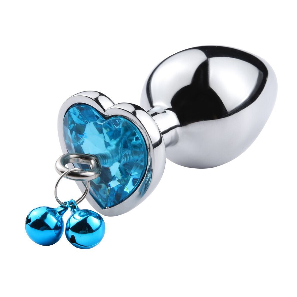 Metallic anal plug with blue heart-shaped crystal and spherical ends on a white background