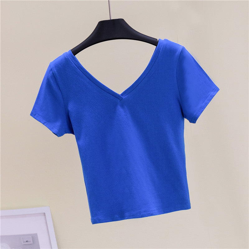 V Neck Solid Crop Tee - Femboy Fashion