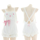 Pink Bow Tie White Cute Bunny Backless Lingerie Front And Back - Femboy Fashion