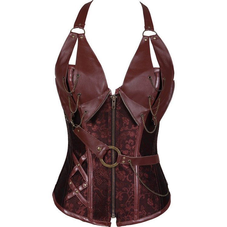 Brown Punk Back Lace Up Halter Corset Top - Femboy Fashion