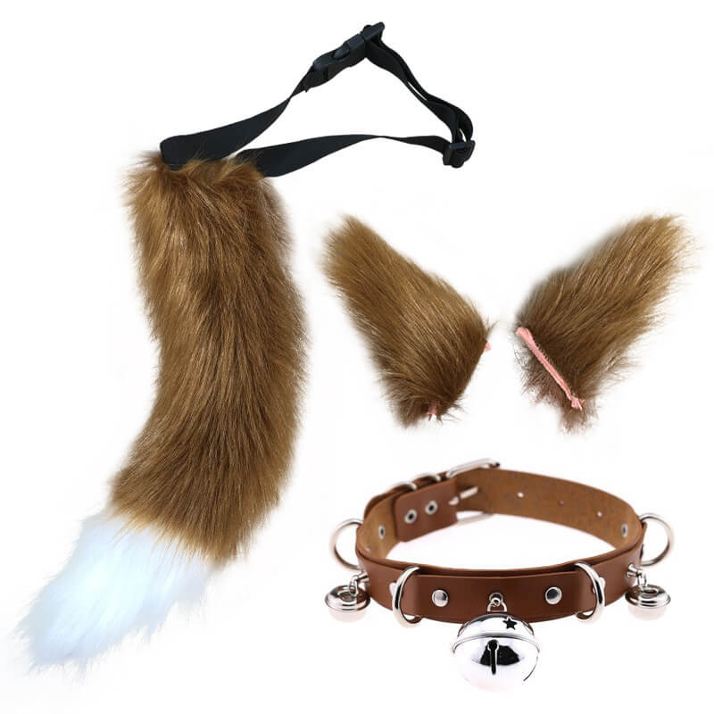 Brown Fox Ears Clips And Tail With Collar Set - Femboy Fashion