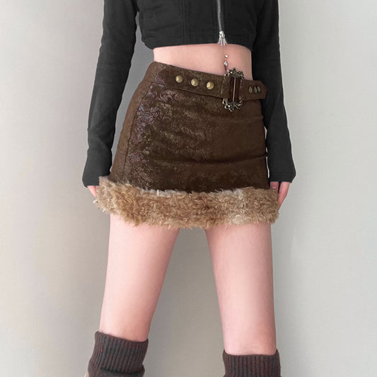 Mini Brown Leather Fur Skirt - Femboy Fashion