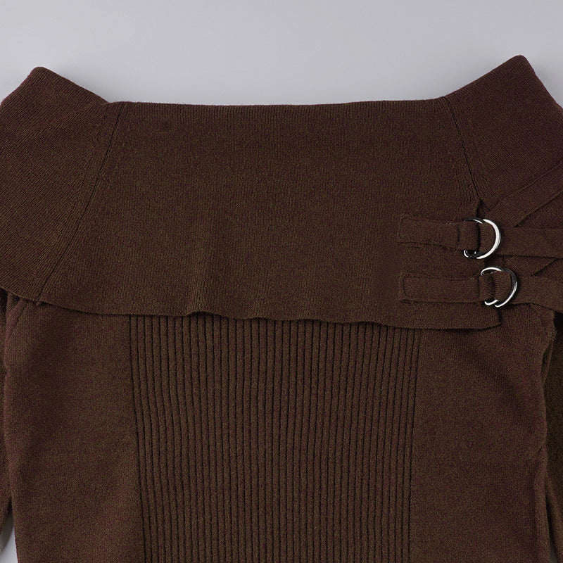 Brown off shoulder knit fitted pullover detail