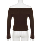 Brown off shoulder knit fitted pullover onback