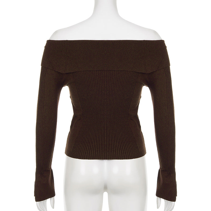 Brown off shoulder knit fitted pullover onback