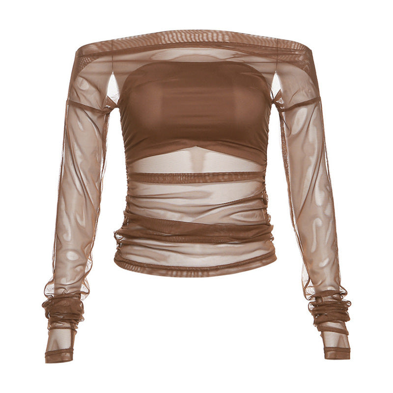 Brown sexy mesh long sleeve top