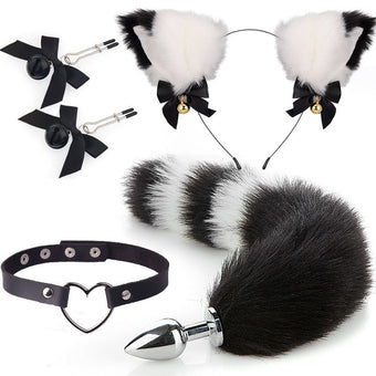 Femboy Cat Ears Headband + Tail Plug Set (Black)